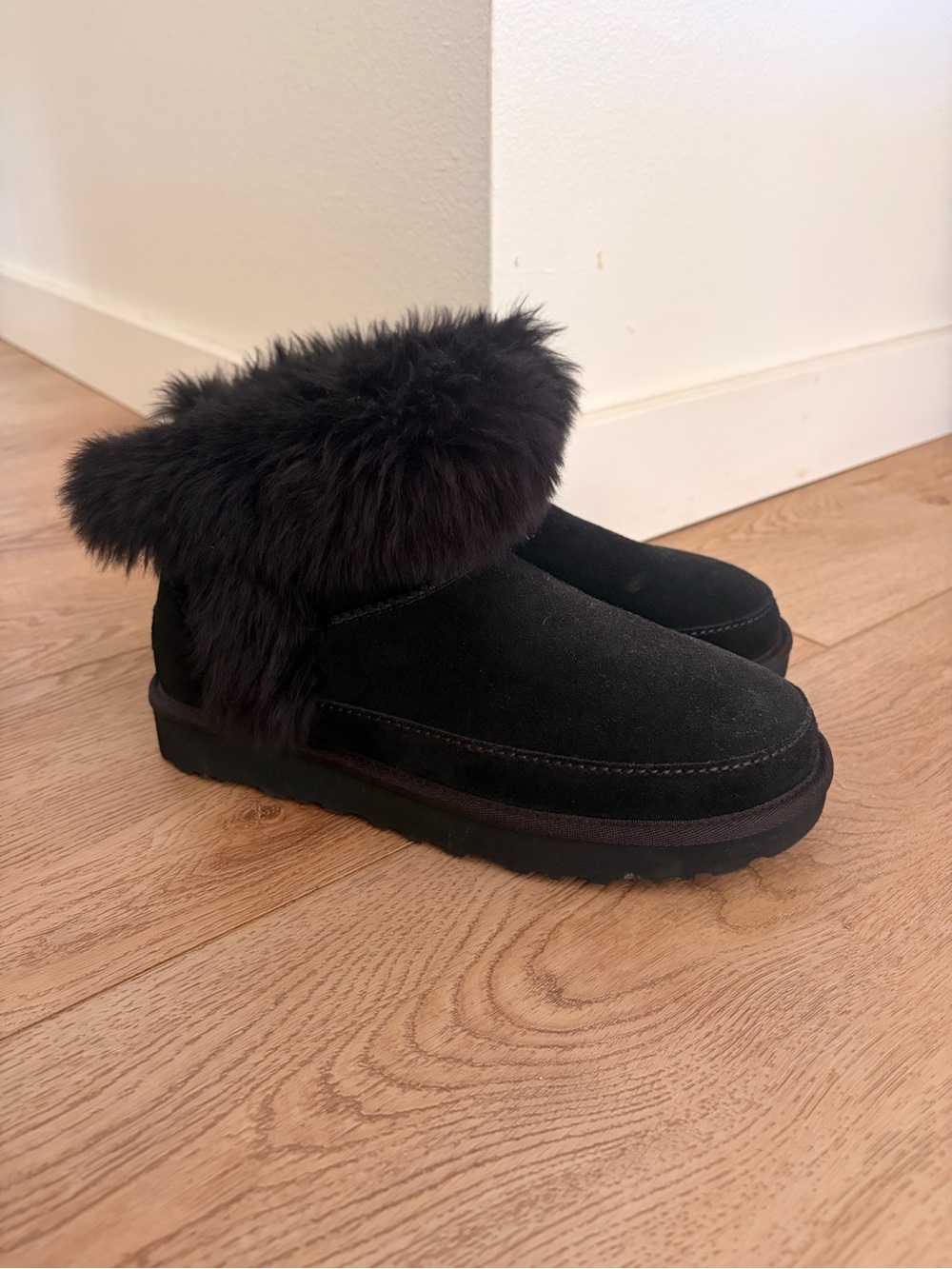 UGG Black Suede Fur Cuff Classic Mini Boot Slippers